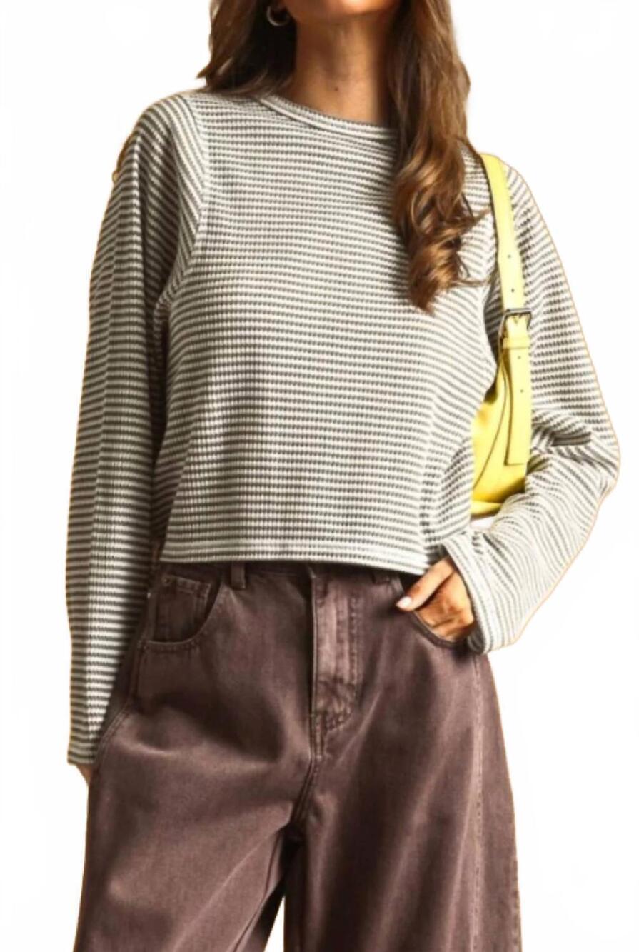 NEW MIOU MUSE striped waffle long sleeve top in grey
